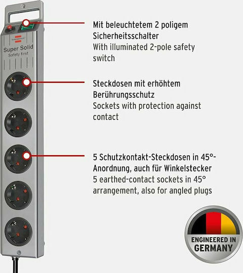 Brennenstuhl Super-Solid Line Power Strip 5 Sockets with Switch and Cable 2.5m Silver