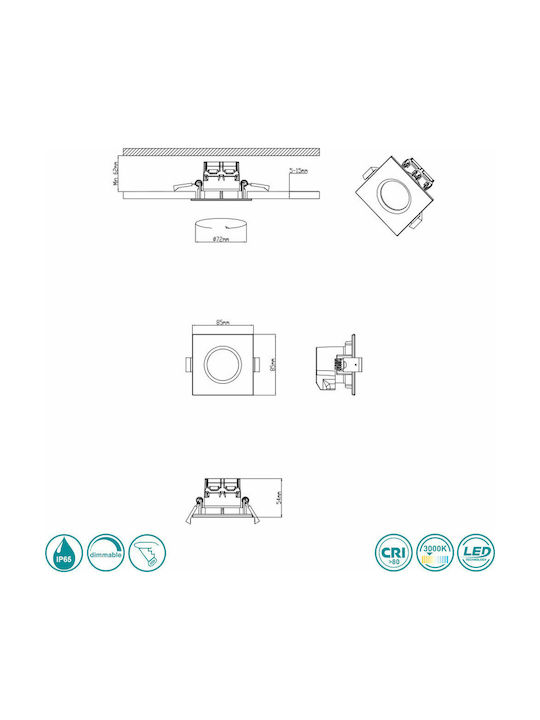 Trio Lighting Pătrat Metalic Spot Încorporat cu LED Integrat și Lumină Alb Cald Argintiu 5x5cm. 3buc