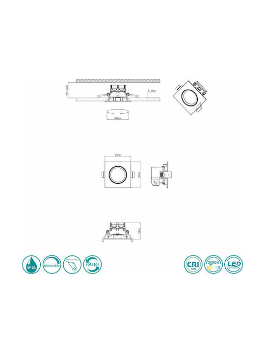 Trio Lighting Pamir Square Metallic Recessed Spot with Integrated LED and Warm White Light White 5x5cm. 1pcs