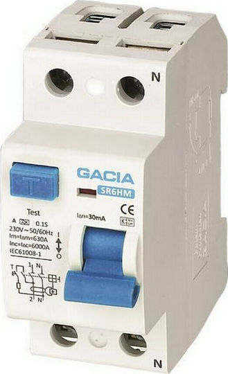 Gacia Phase 2-Pole Earth Leakage Relay 25A 230V 2Χ25Α 30mΑ 500-37020