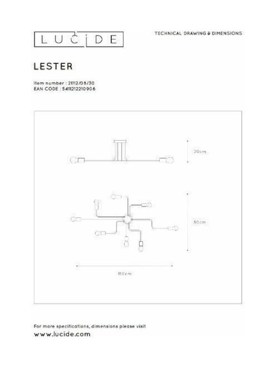 Lucide Lightning Lester Ceiling Mount Light 80cm Black with Socket E27
