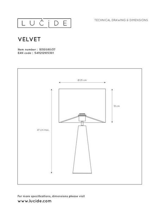 Lucide Lightning Velvet Υφασμάτινο Πορτατίφ για Ντουί E27 LED με Μπλε Καπέλο και Βάση