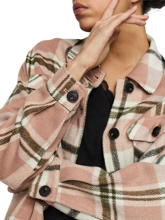 Women's Checked Misty Rose Peacoat with Buttons