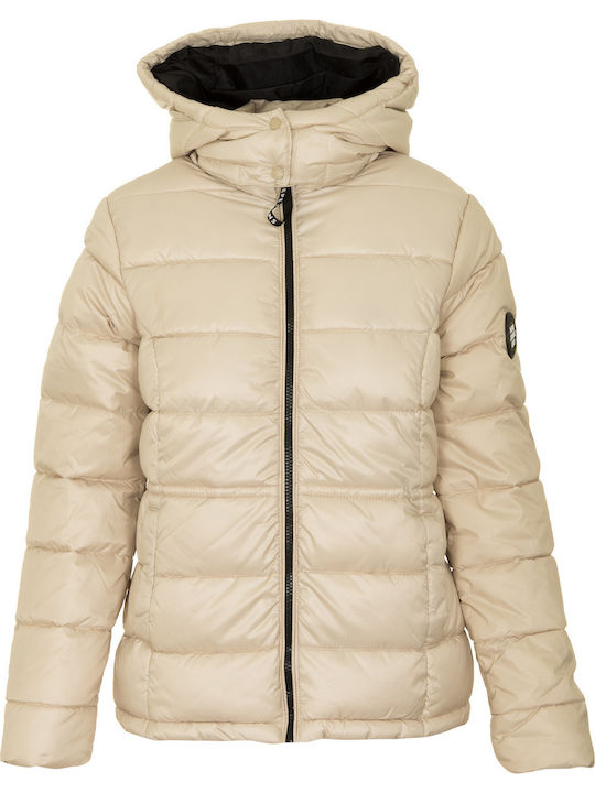 Camille Women's Short Puffer Jacket for Winter with Hood Beige