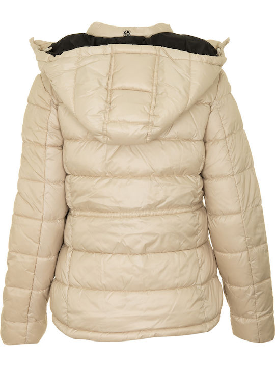Camille Women's Short Puffer Jacket for Winter with Hood Beige