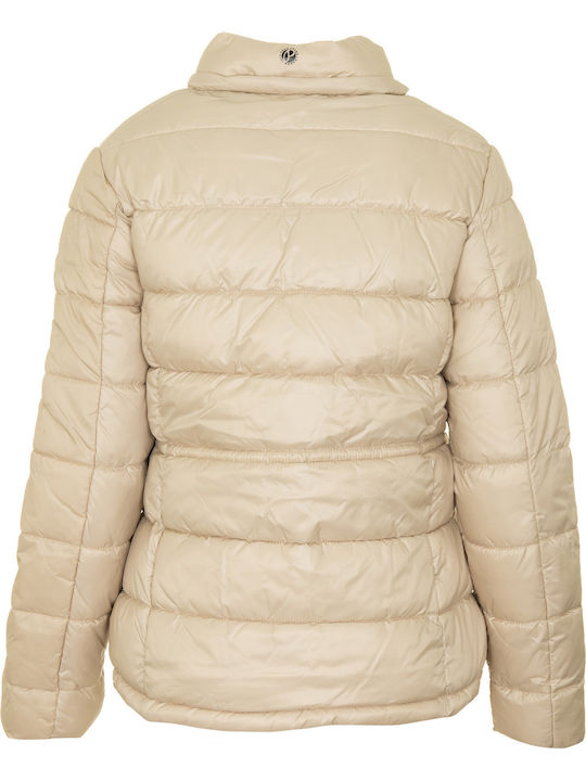 Camille Women's Short Puffer Jacket for Winter with Hood Beige