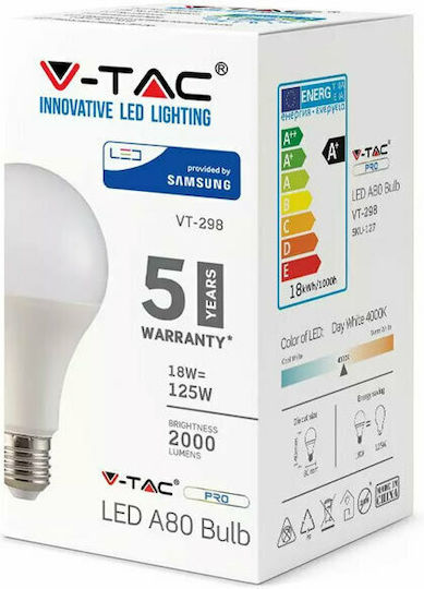 V-TAC VT-298 Bec LED 18W 140mm pentru Soclu E27 și Formă A80 Alb cald 2000lm