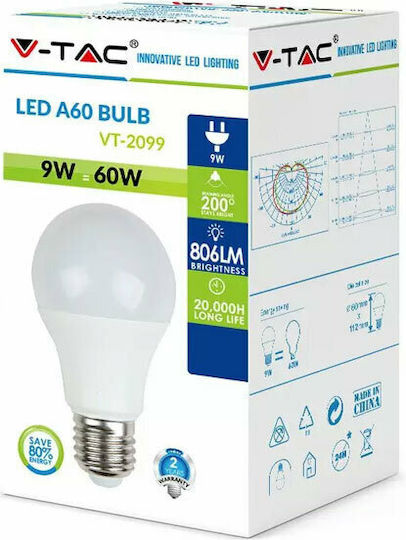 V-TAC VT-2099 LED-Lampe 9W 112mm für Fassung E27 und Form A60 Warmes Weiß 806lm