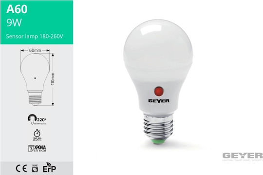 Geyer Φωτοκύτταρο Λάμπα LED 9W για Ντουί E27 και Σχήμα A60 Φυσικό Λευκό 830lm με Φωτοκύτταρο