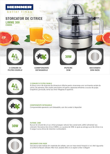 Heinner Electric Juicer 30W with 500ml Capacity Inox Gray