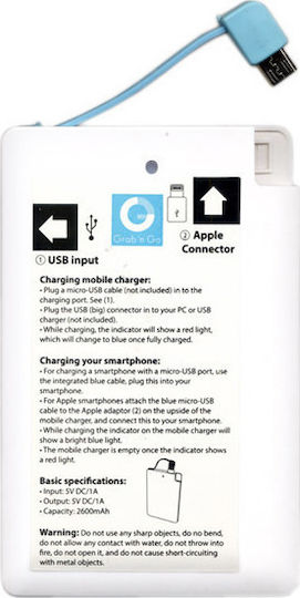 GRAB N GO GNG-110 Power Bank 2600mAh mit USB-A Anschluss Weiß