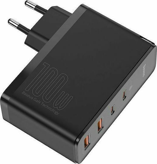 Baseus Incarcator Fara Cablu GaN cu 2 Porturi USB-A si 2 Porturi USB-C 100W Quick Charge 4+ Negru (Gan2 Pro Quick)