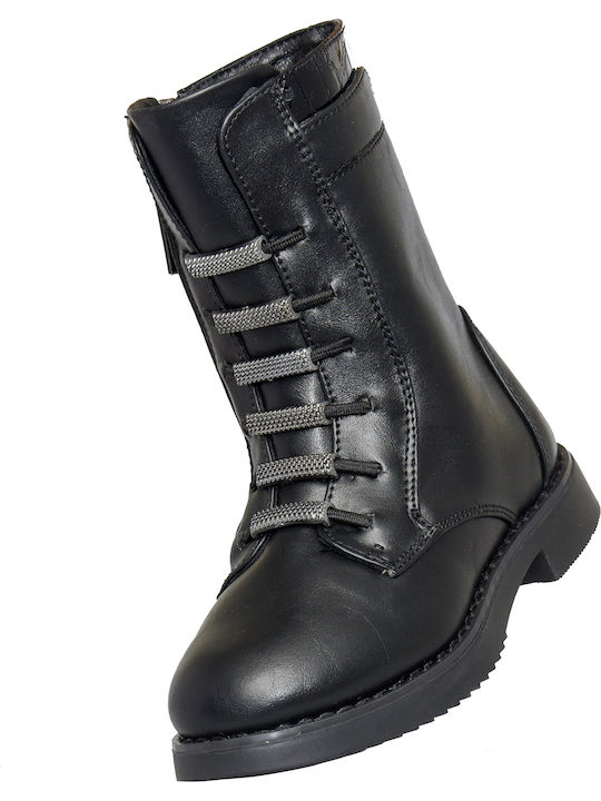 Lederne Kinderstiefel mit Schnürsenkeln Schwarz