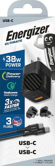 Energizer Mobile Phone Charger with USB-A and USB-C Output Ports and USB-C Cable 38W Power Delivery Quick Charge 3.0 Black