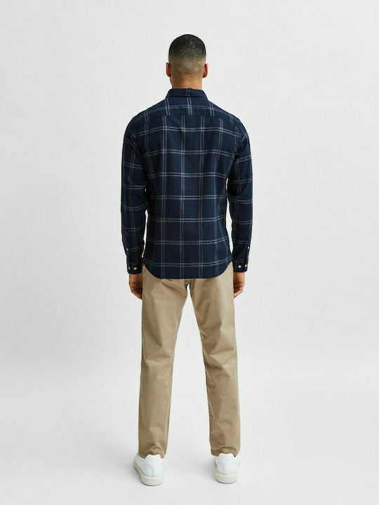 Selected Men's Checked Shirt with Long Sleeves Slim Fit Navy Blue