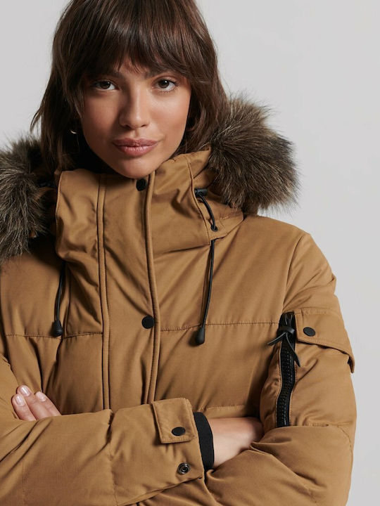 Lungă Jachetă de femei Puffer cu glugă de blană Sandstone