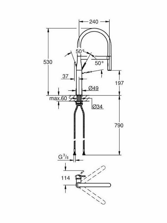 Grohe Essence Ψηλή Μπαταρία Κουζίνας Πάγκου με Ντουζ Ασημί
