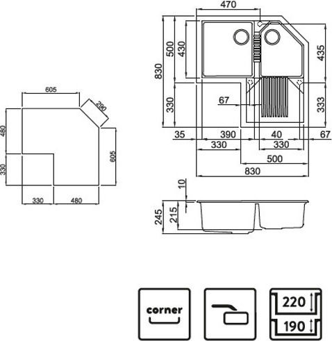 Elleci Tekno Corner Metaltek Ένθετος Γωνιακός Αριστερός από Συνθετικό Γρανίτη Μ83xΠ83cm Aluminium