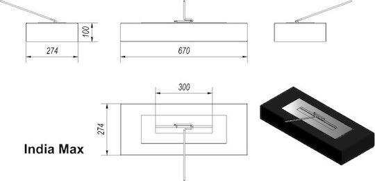 Kratki India Max Tuv Indoor Floor Bioethanol Fireplace Black 67x27.4x10cm