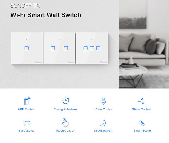 Sonoff TX T2 Επιτοίχιος Διακόπτης Τοίχου Αφής Wi-Fi Τριπλός με Πλαίσιο Λευκός