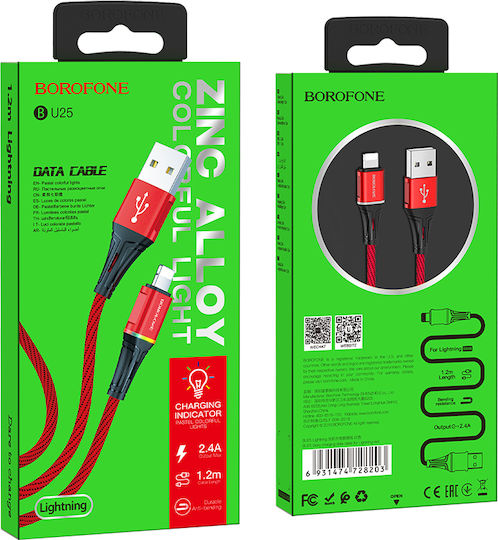 Borofone BU25 Braided / LED USB to Lightning Cable Κόκκινο 1.2m