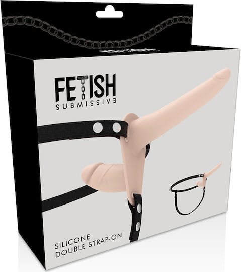 Fetish Submissive Submissive Silicone Double Strapon Harnașament cu Dublu Dildo 15cm în culoarea Flesh
