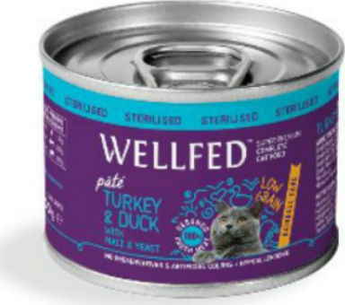 Wellfed Sterilised Hairball Care Nasses Katzenfutter für Katze in Dose mit Türkei und Ente 200gr 1430