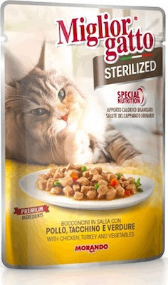 Morando Miglior Gatto Sterilised Nasses Katzenfutter für Katze in Beutel mit Türkei und Huhn 85gr