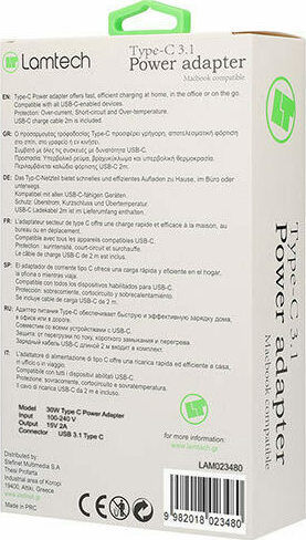 Lamtech USB-C Universal Φορτιστής Laptop 30W 15V 2A με Αντάπτορα Τροφοδοσίας