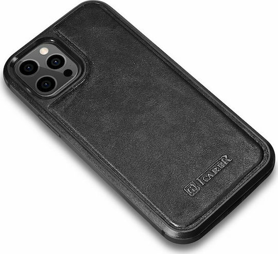 iCarer Oil Wax Umschlag Rückseite Leder Schwarz (iPhone 12 Pro Max)