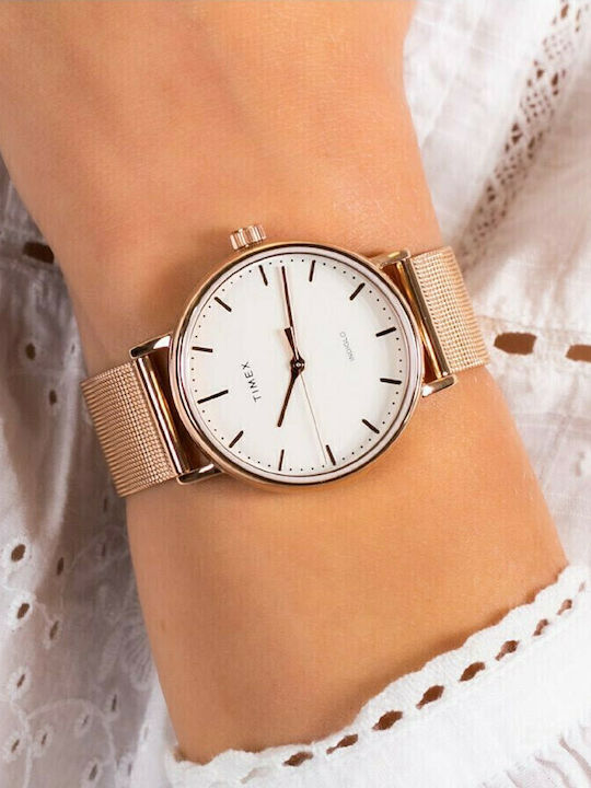 Timex Γυναικείο Ρολόι 37mm Μπαταρίας με Ροζ Χρυσό Μεταλλικό Μπρασελέ
