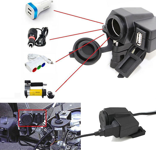 Rezistent la apă Încărcător pentru Motocicletă 2.1A cu Porturi: 1xUSB & 1xBriquet