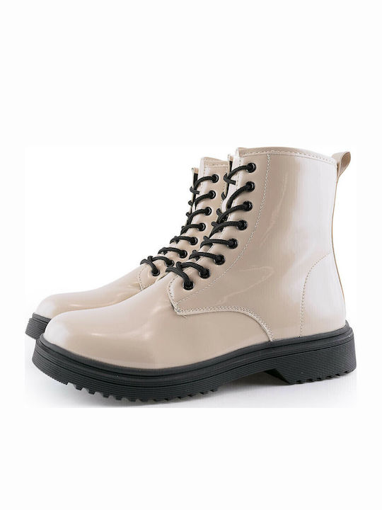 1222-0092 Women's Patent Leather Ankle Boots Beige