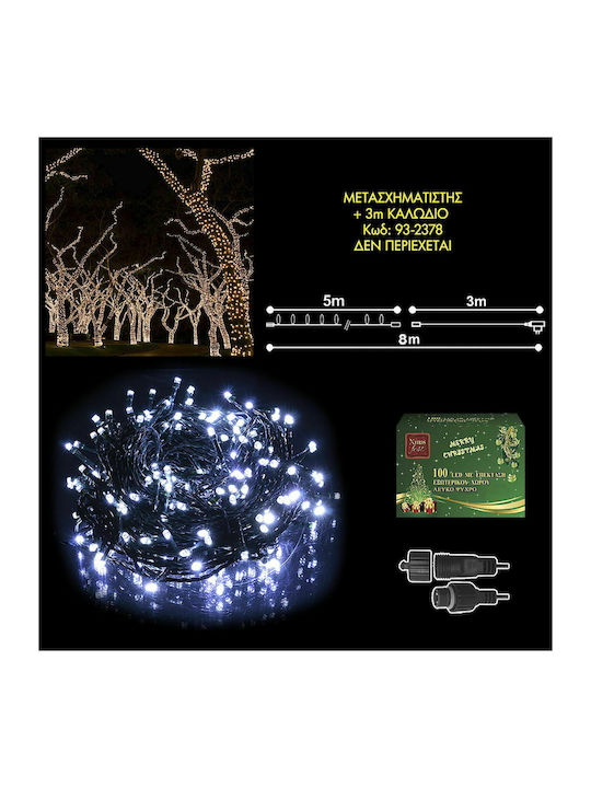 100 Light Bulb LED 8μ Cold White In String with Green Cable Χωρίς Μετασχηματιστή 93-2573 XMASfest