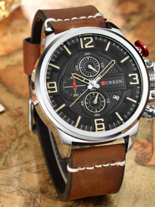 Curren Ανδρικό Ρολόι 48mm Χρονογράφος Μπαταρίας με Δερμάτινο Λουράκι Brown