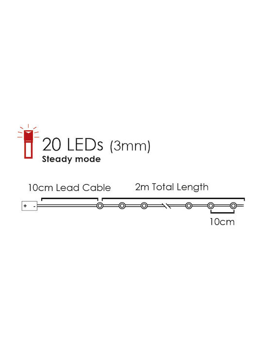 20 Lights LED 2m. Cold White Battery in String 1pcs