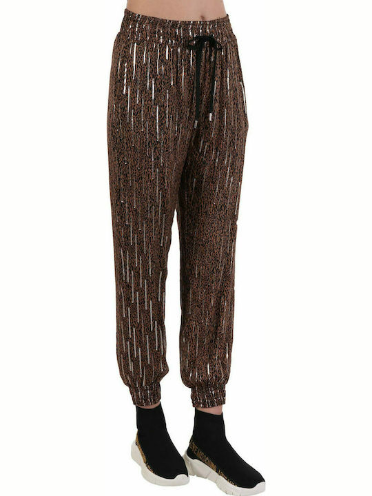 PINKO TROUSERS JOGGING PANTS SOGNARE ANIMAL PRINT ELASTIC WAIST BROWN