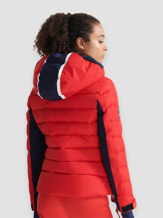 Superdry Alpine Women's Short Puffer Jacket for Winter with Hood Red