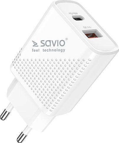 Savio Wireless Charger with USB-A and USB-C Ports 18W Power Delivery / Quick Charge 3.0 White