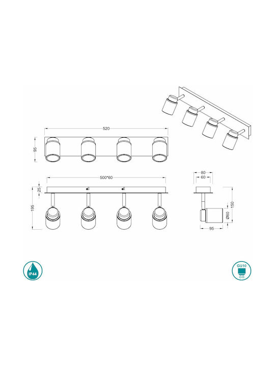 Trio Lighting Angelo Σποτ με 4 Φώτα και με Ντουί GU10 σε Μαύρο Χρώμα