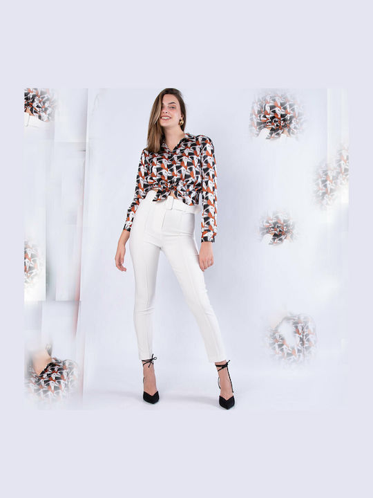 Women's High-waisted Fabric Trousers Slim Fit White