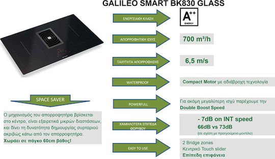 Faber Galileo BK Glass A830 Smart Induction Cooktop Autonomous with Hood 83x52εκ.