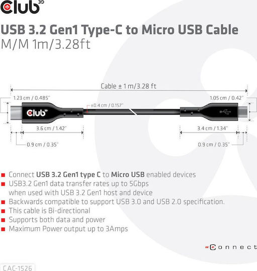 Club3D USB 2.0 Cable USB Type-C Male - Micro USB-B Black 1m