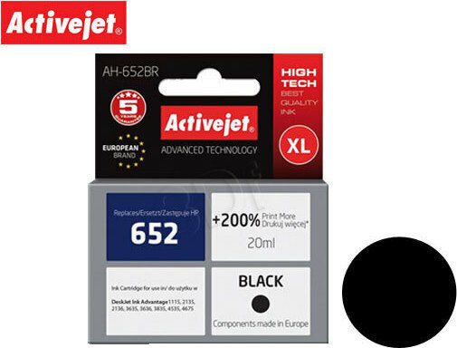 Active Jet Inkjet Printer Compatible Ink HP 652 F6V25AE 650 Pages 20ml Black