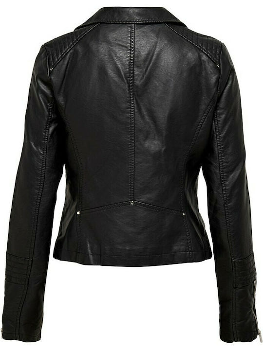Women's Short Biker Artificial Leather Jacket for Winter Black