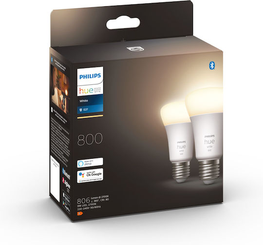 Philips Smart LED Bulbs 9W for Socket E27 and Shape A60 Warm White 806lm Dimmable 2pcs