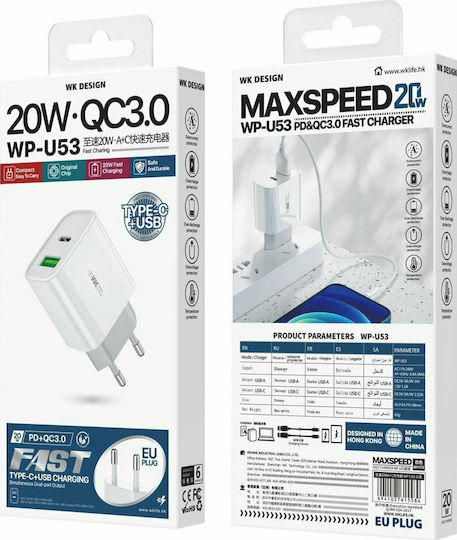 WK Φορτιστής Χωρίς Καλώδιο με Θύρα USB-A και Θύρα USB-C 20W Quick Charge 3.0 / Power Delivery Λευκός (WP-U53)