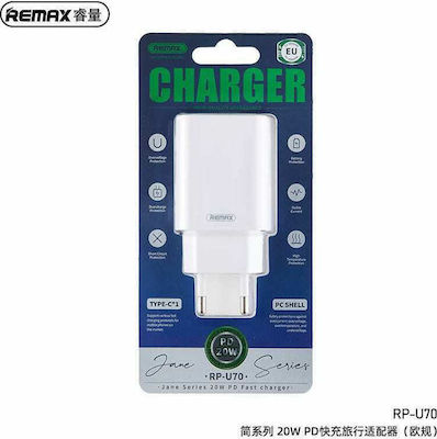 Remax Charger Without Cable with USB-C Port 20W White (RP-U70)