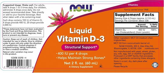 Now Foods Liquid Vitamin D-3 Βιταμίνη για Ενίσχυση του Ανοσοποιητικού & την Υγεία των Οστών 400iu 60ml