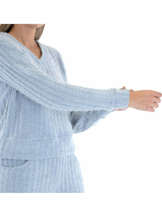Damen Langarm Pullover mit V-Ausschnitt Hellblau